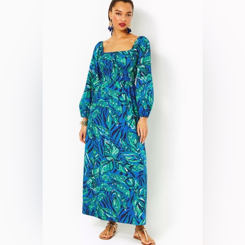 Lilly Pulitzer Lakira Cotton Vibrant Blue and Green Maxi Dress Size Small